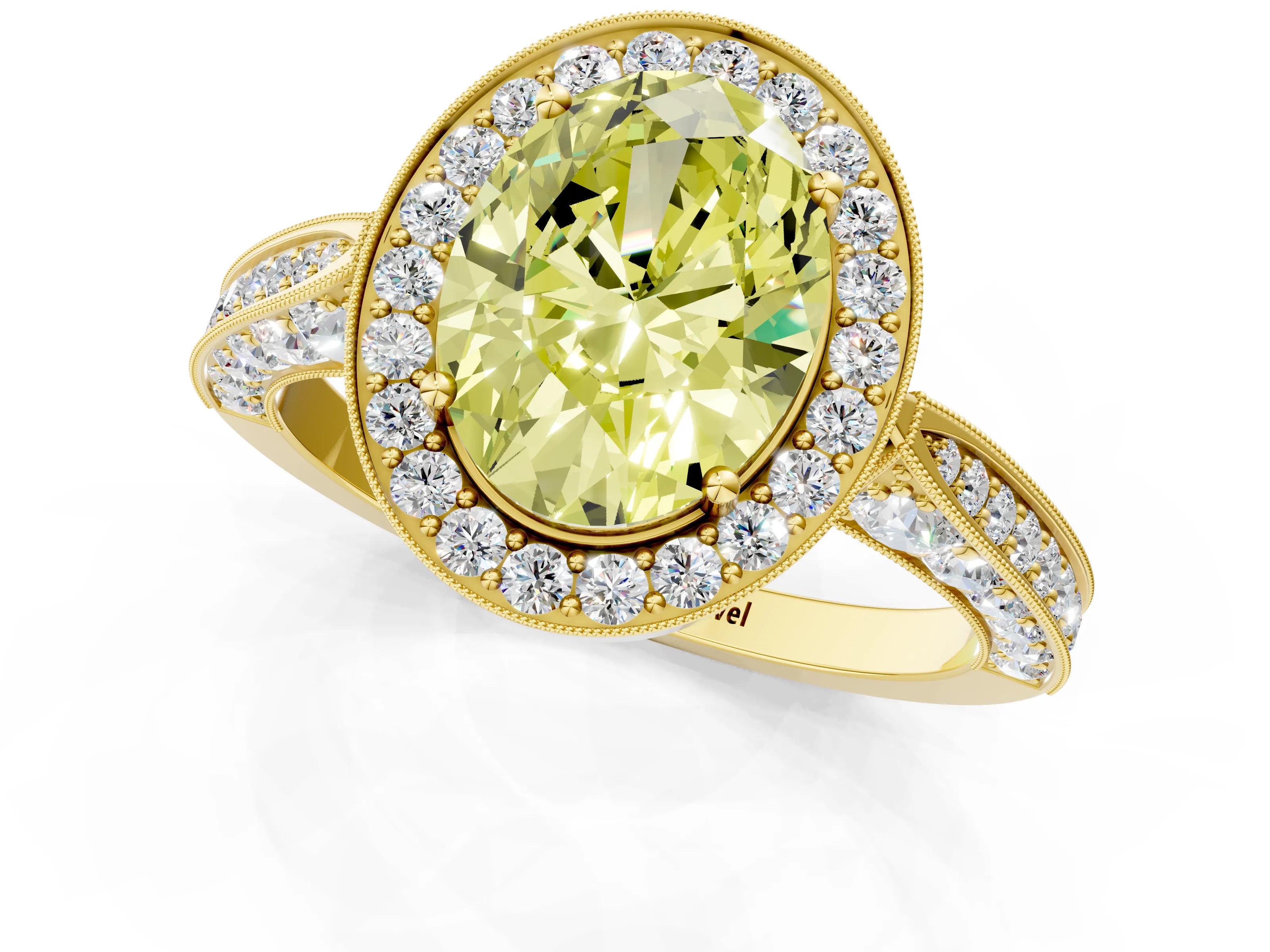 Yellow gold Fancy Yellow Oval Cut Halo Diamond Engagement Ring with Split Shank Band and Four-Prong Setting_1