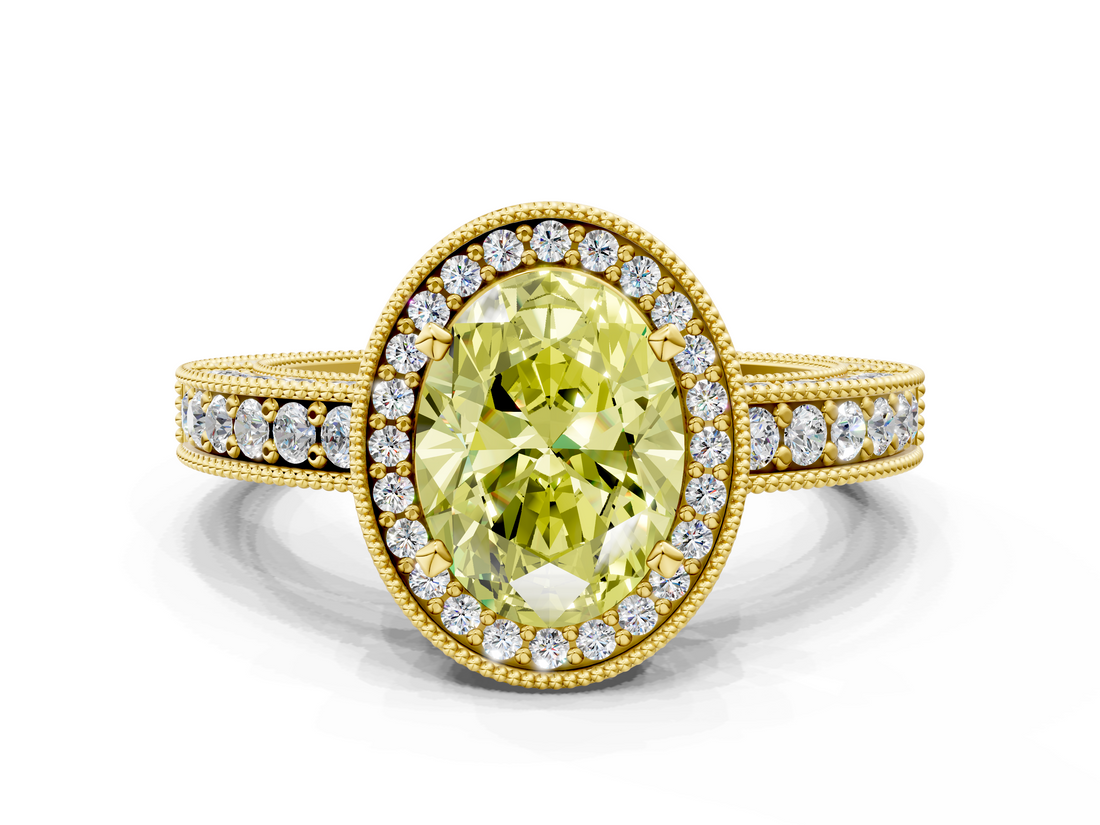 Yellow gold Fancy Yellow Oval  Cut Halo Diamond Pave Band Ring with Four-Prong Setting_44