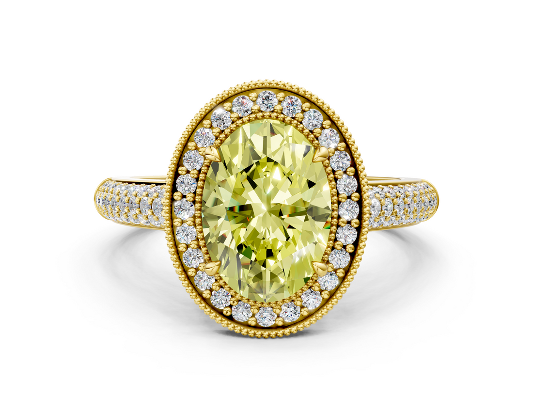Yellow gold Fancy Yellow Oval  Cut Halo Diamond Pave Band with Four-Prong Setting_37