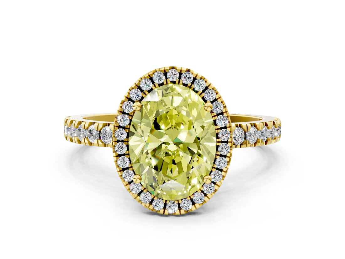 Yellow gold Fancy Yellow Oval Cut Halo Diamond Pave Band with Prong Setting