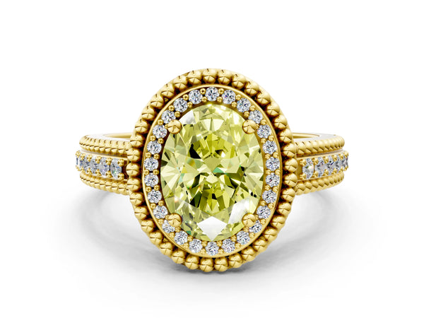 Yellow Gold Oval Beaded Halo Engagement Ring Setting for Fancy Yellow Center with Pave