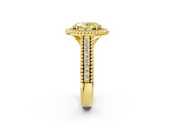 Yellow Gold Oval Beaded Halo Engagement Ring Setting for Fancy Yellow Center with Pave