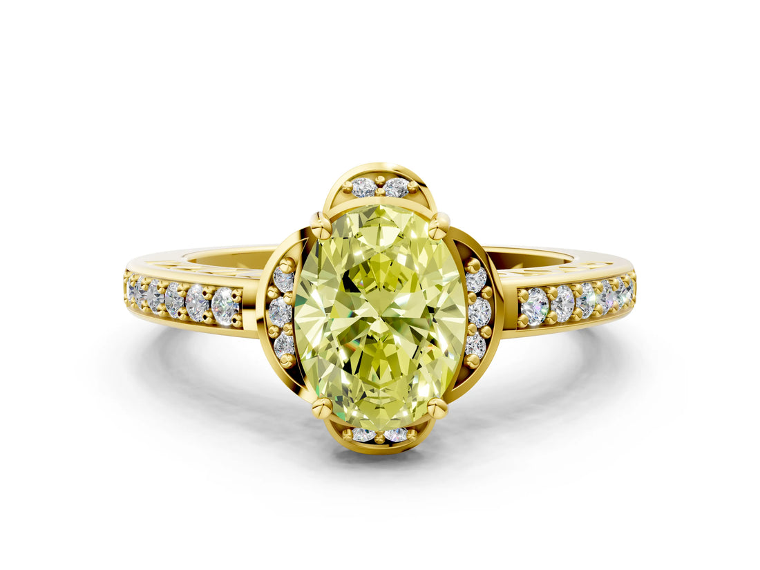 Yellow gold Fancy Yellow Oval  Cut Halo Diamond Ring with Channel Set Band and Four-Prong Setting_32
