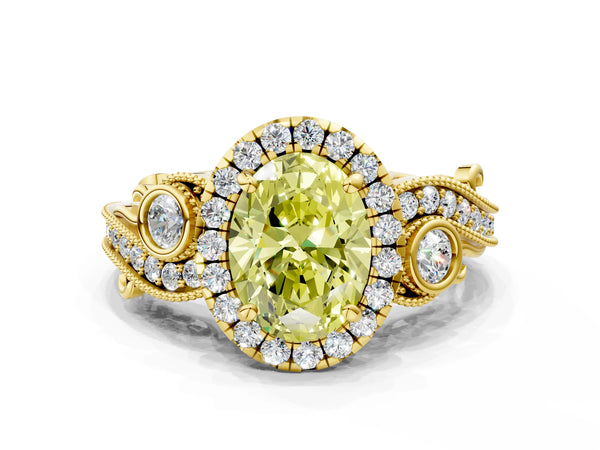 Yellow gold Fancy Yellow Oval Cut Halo Diamond Ring with Milgrain and Bezel Accents on a Split Shank Band