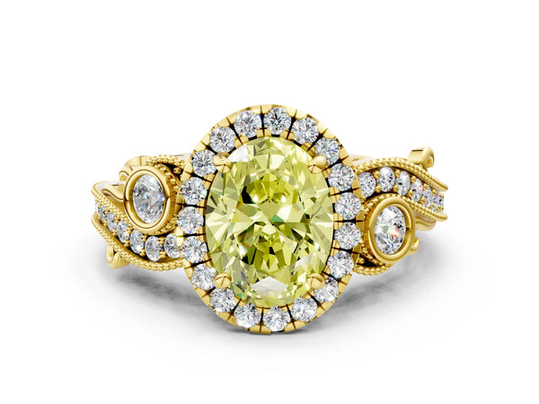 Yellow gold Fancy Yellow Oval Cut Halo Diamond Ring with Milgrain and Bezel Accents on a Split Shank Band