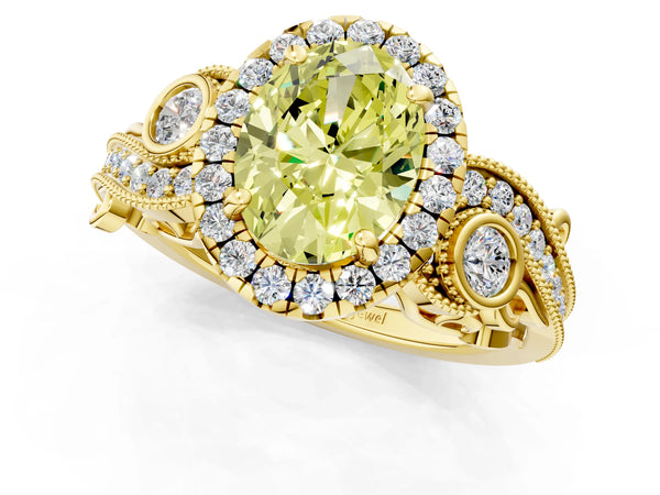 Yellow gold Fancy Yellow Oval Cut Halo Diamond Ring with Milgrain and Bezel Accents on a Split Shank Band