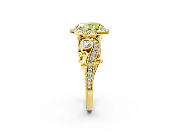 Yellow gold Fancy Yellow Oval Cut Halo Diamond Ring with Milgrain and Bezel Accents on a Split Shank Band