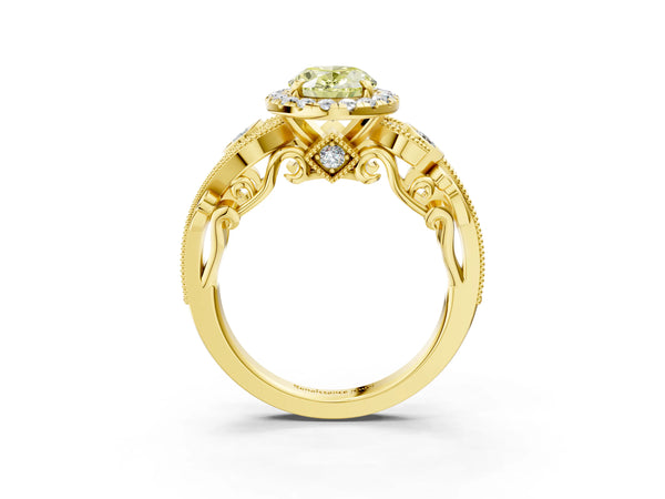 Yellow gold Fancy Yellow Oval Cut Halo Diamond Ring with Milgrain and Bezel Accents on a Split Shank Band