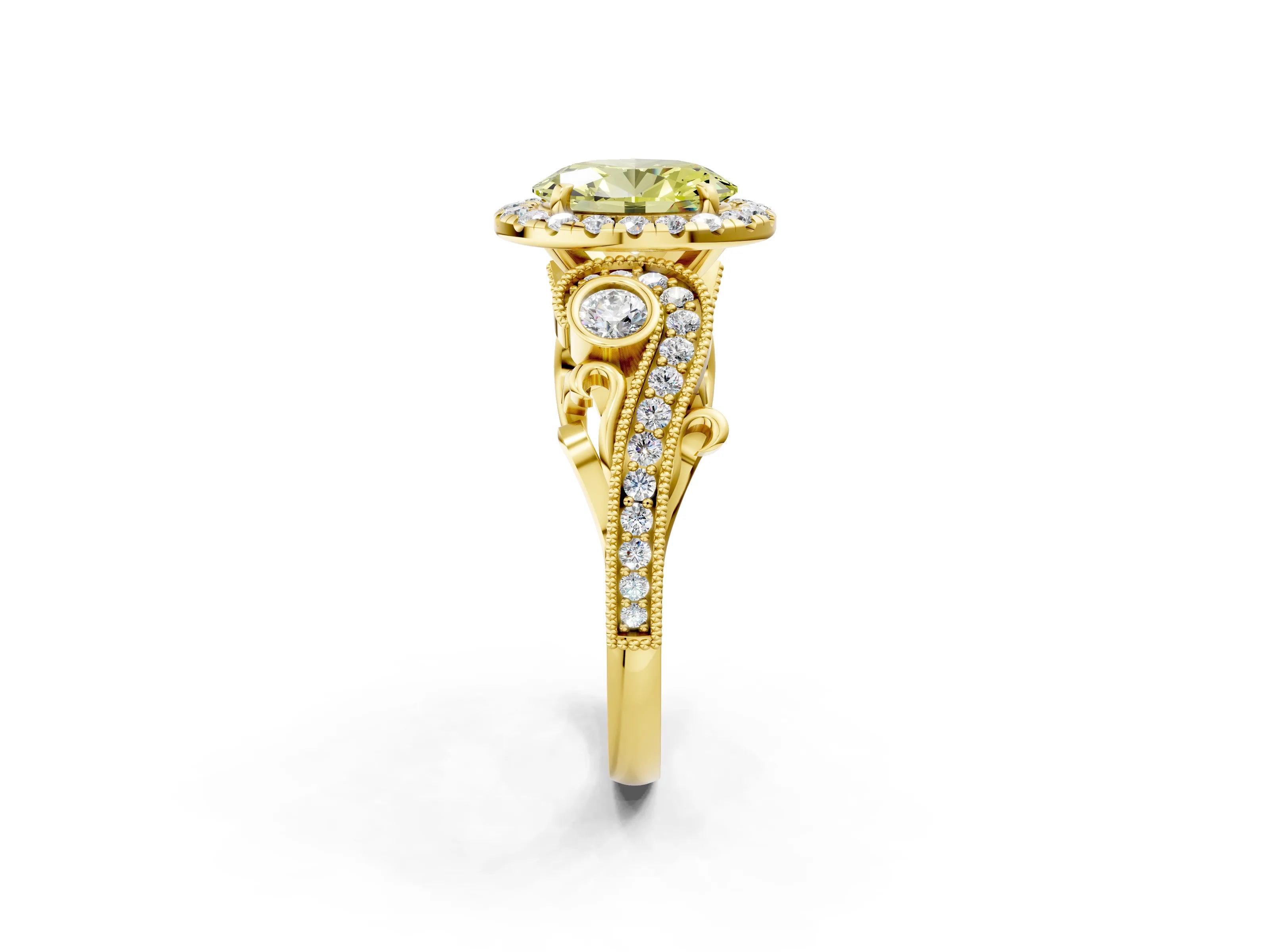Yellow gold Fancy Yellow Oval Cut Halo Diamond Ring with Milgrain and Bezel Accents on a Split Shank Band_2