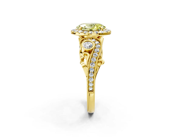 Yellow gold Fancy Yellow Oval Cut Halo Diamond Ring with Milgrain and Bezel Accents on a Split Shank Band
