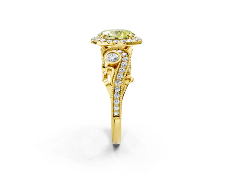 Yellow gold Fancy Yellow Oval Cut Halo Diamond Ring with Milgrain and Bezel Accents on a Split Shank Band_2