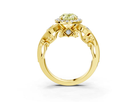 Yellow gold Fancy Yellow Oval Cut Halo Diamond Ring with Milgrain and Bezel Accents on a Split Shank Band_3