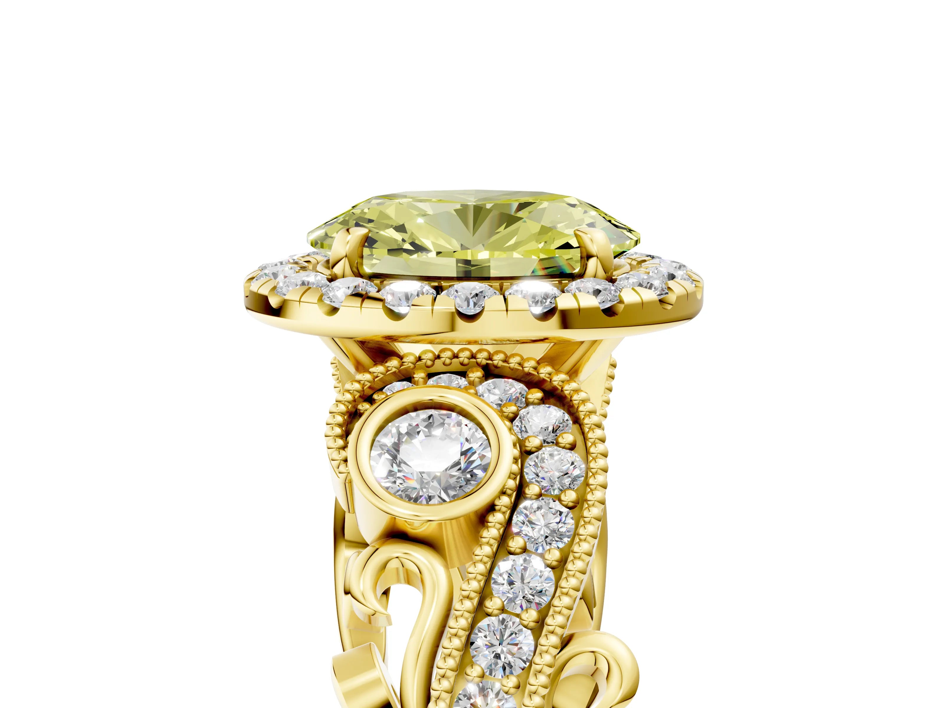 Yellow gold Fancy Yellow Oval Cut Halo Diamond Ring with Milgrain and Bezel Accents on a Split Shank Band_5