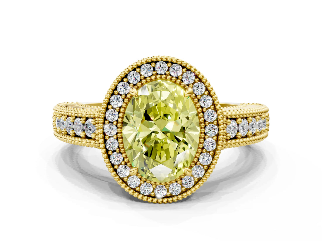 Yellow gold Fancy Yellow Oval  Cut Halo Diamond Ring with Pavé Band and Four-Prong Setting_68