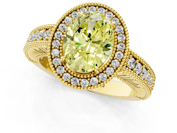 Yellow Gold Oval Vintage Milgrain Halo Engagement Ring Setting for Fancy Yellow Center with Pave Band and Engraving