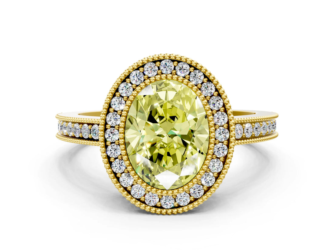 Yellow gold Fancy Yellow Oval  Cut Halo Diamond Ring with Pavé Band and Milgrain Prong Setting_32