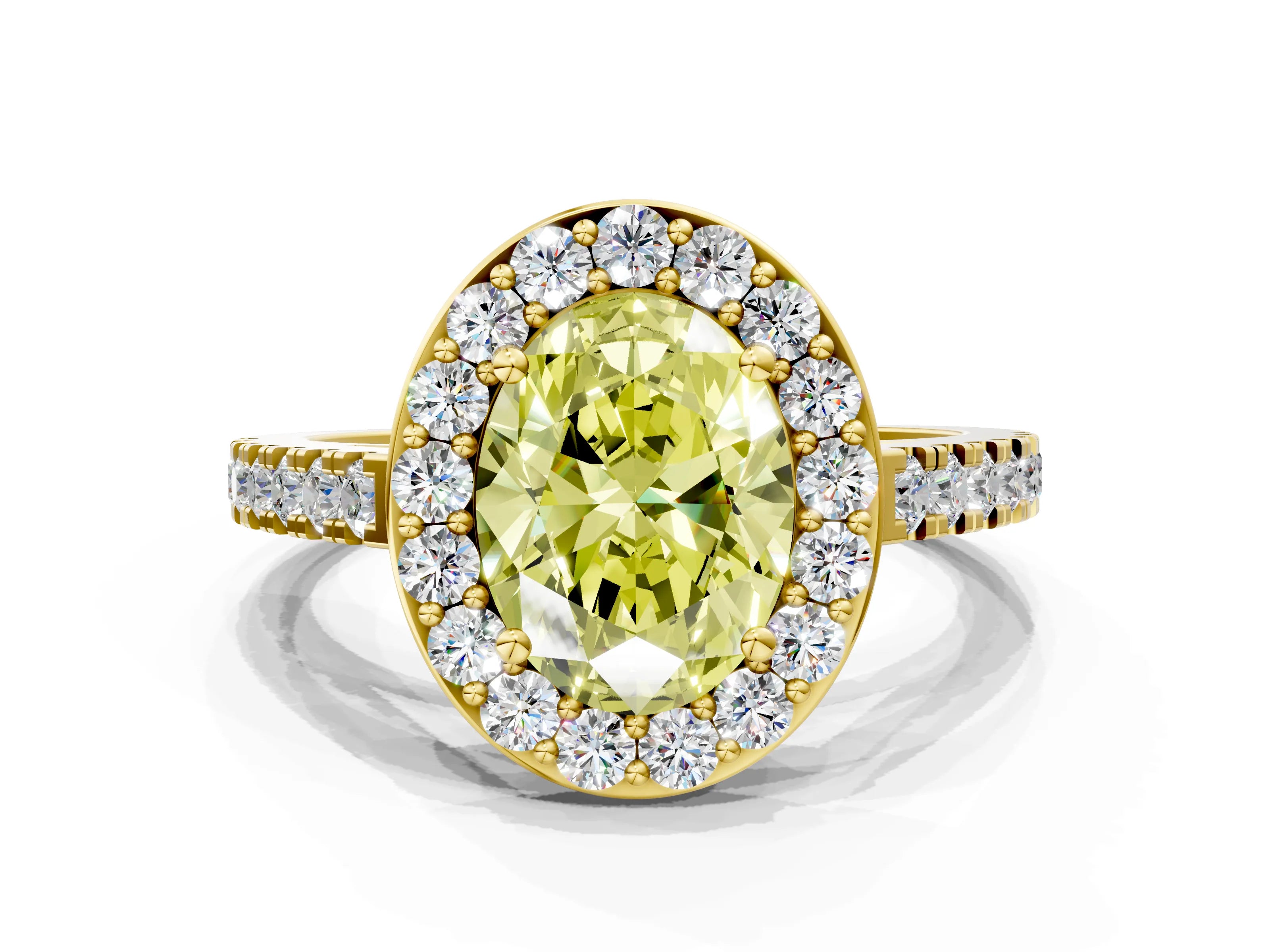 Yellow gold Fancy Yellow Oval Cut Halo Diamond Ring with Pavé Band and Three-Prong Setting
