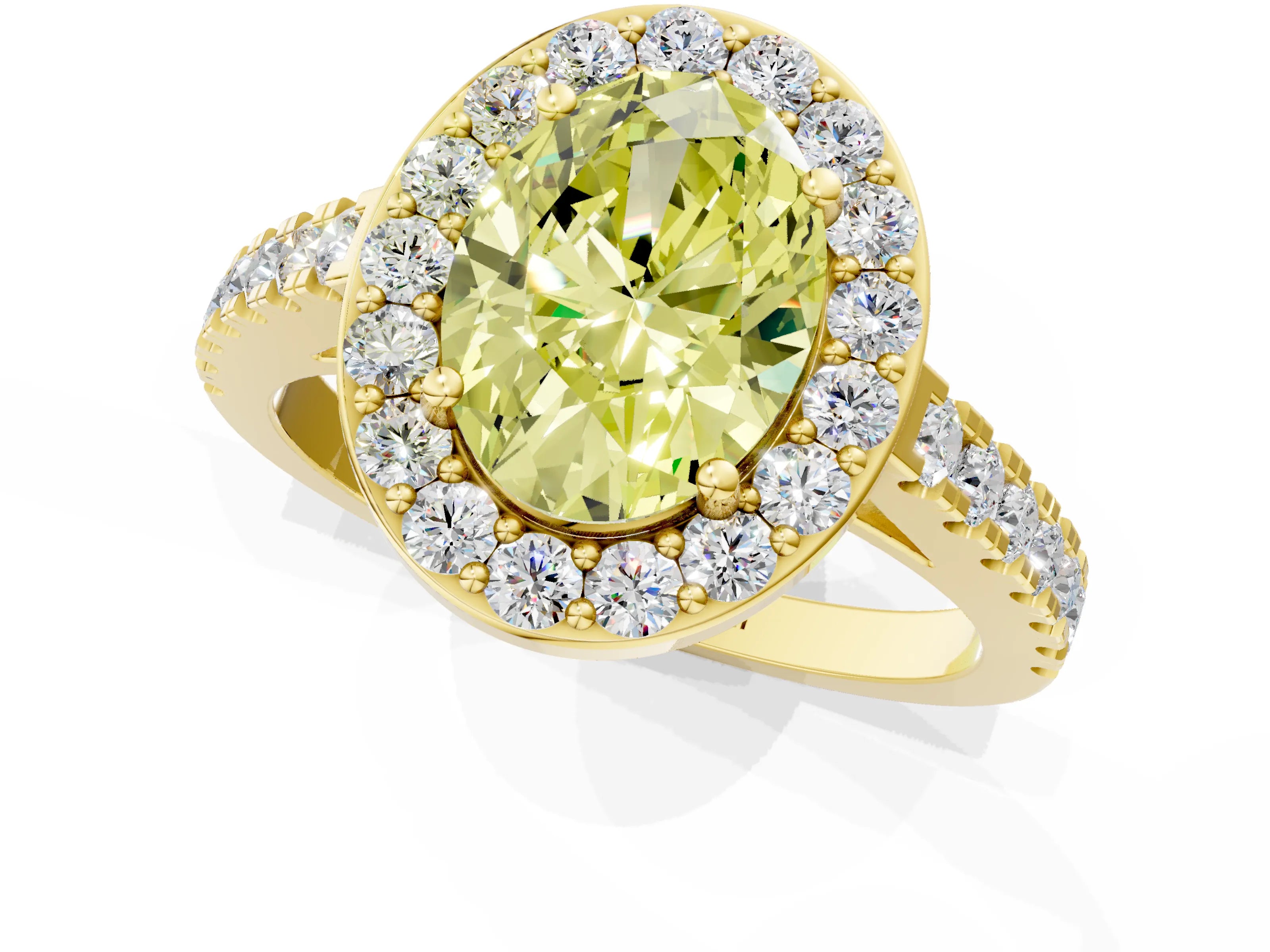 Yellow gold Fancy Yellow Oval Cut Halo Diamond Ring with Pavé Band and Three-Prong Setting_1