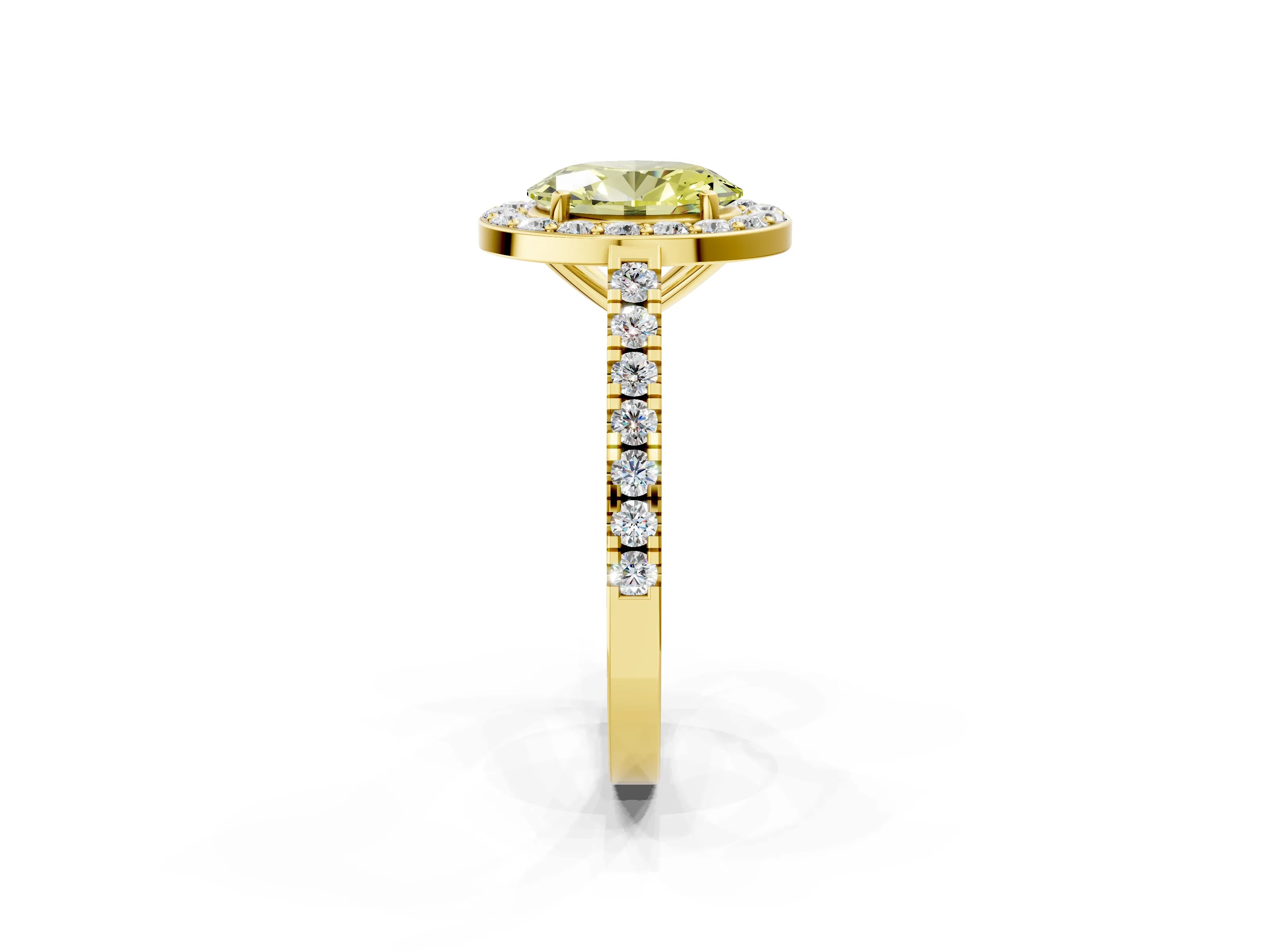 Yellow gold Fancy Yellow Oval Cut Halo Diamond Ring with Pavé Band and Three-Prong Setting_2