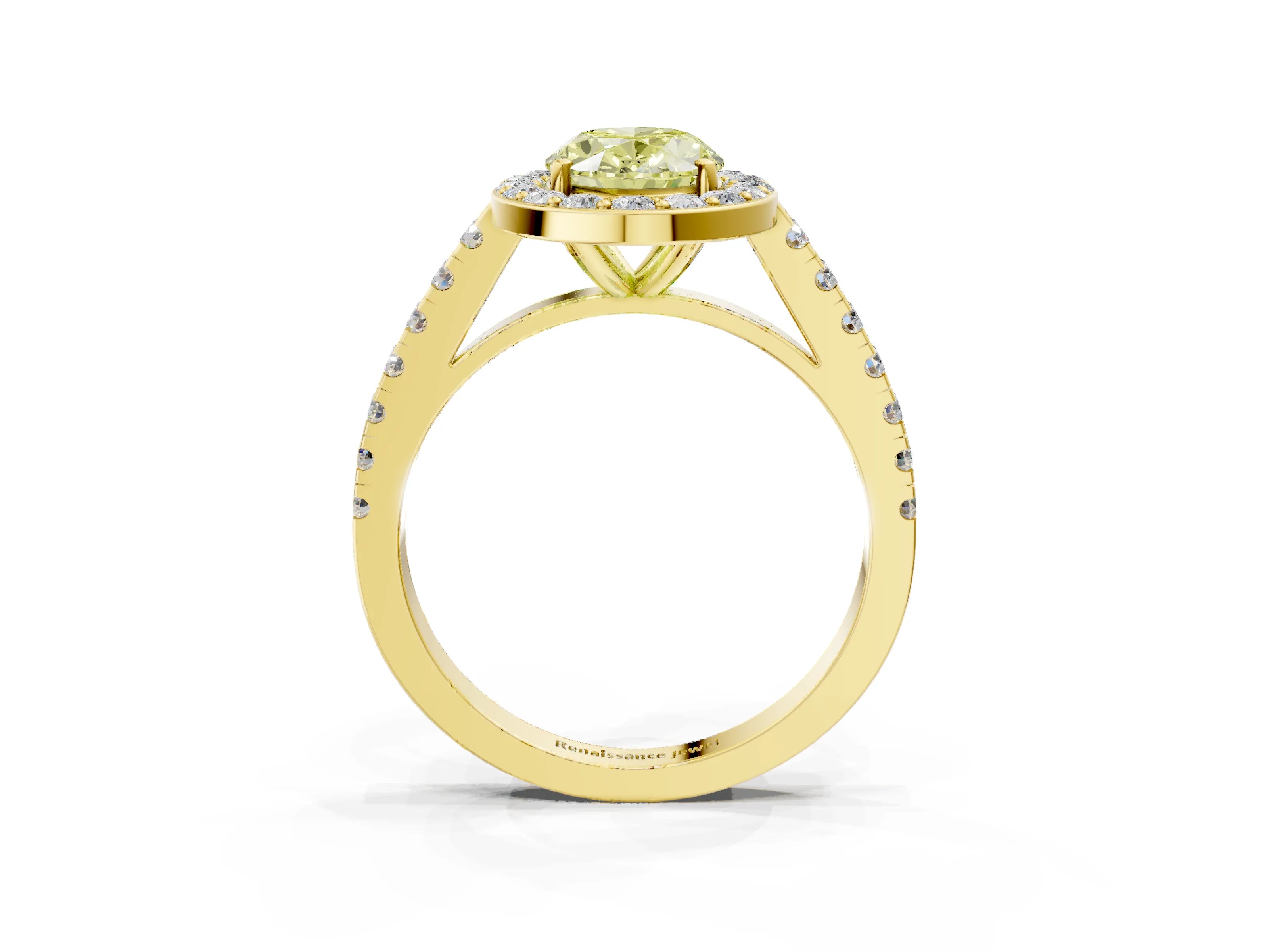 Yellow gold Fancy Yellow Oval Cut Halo Diamond Ring with Pavé Band and Three-Prong Setting_3