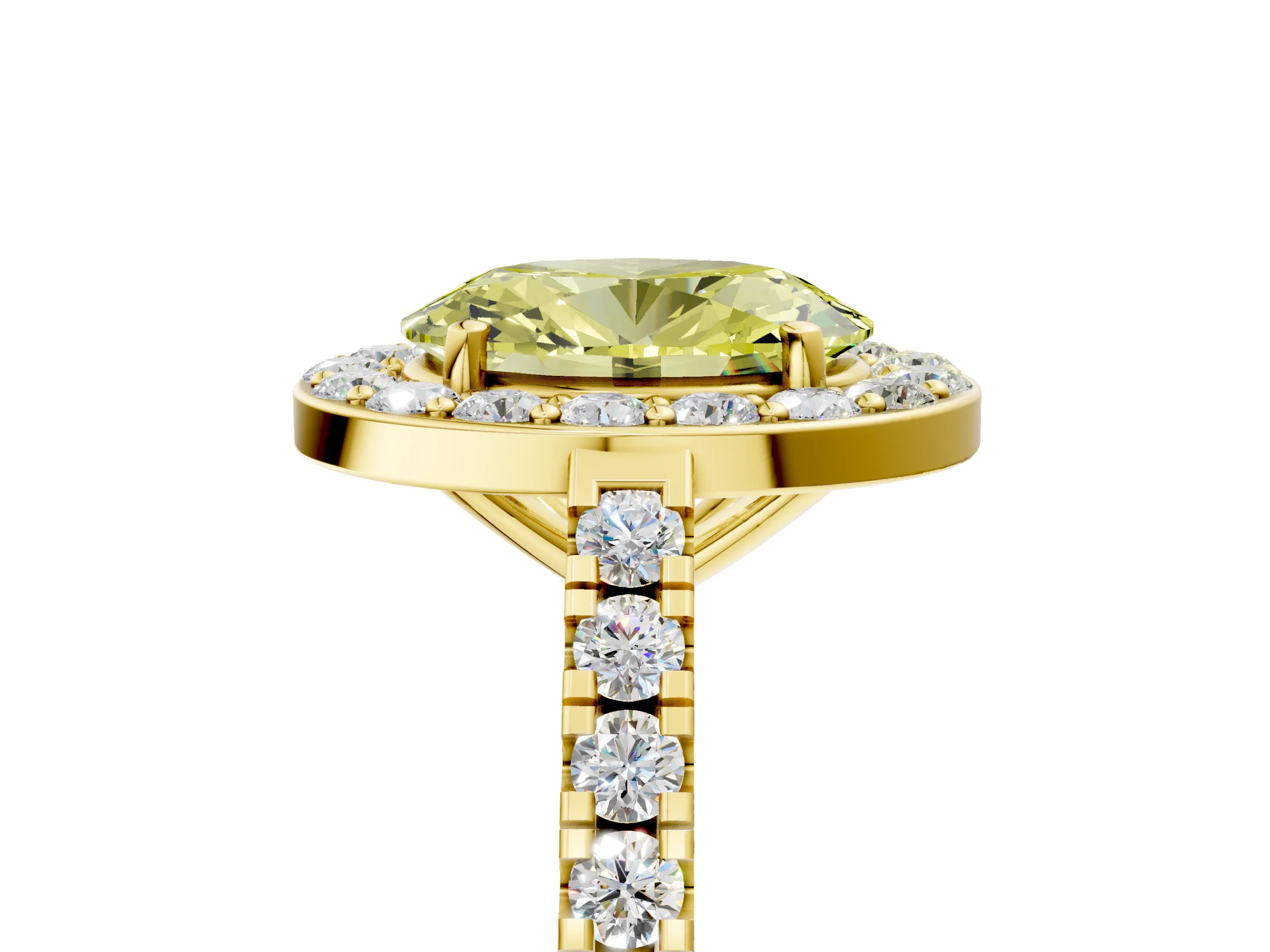 Yellow gold Fancy Yellow Oval Cut Halo Diamond Ring with Pavé Band and Three-Prong Setting_5