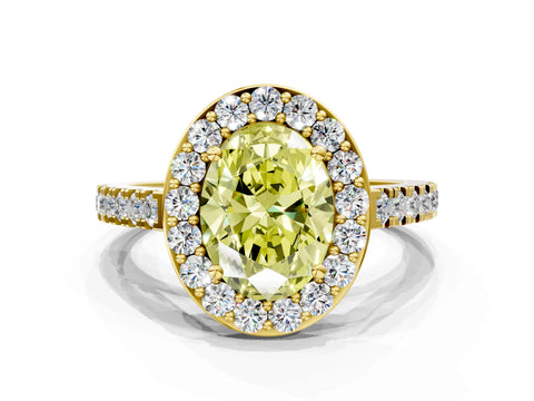Yellow gold Fancy Yellow Oval Cut Halo Diamond Ring with Pavé Band and Three-Prong Setting