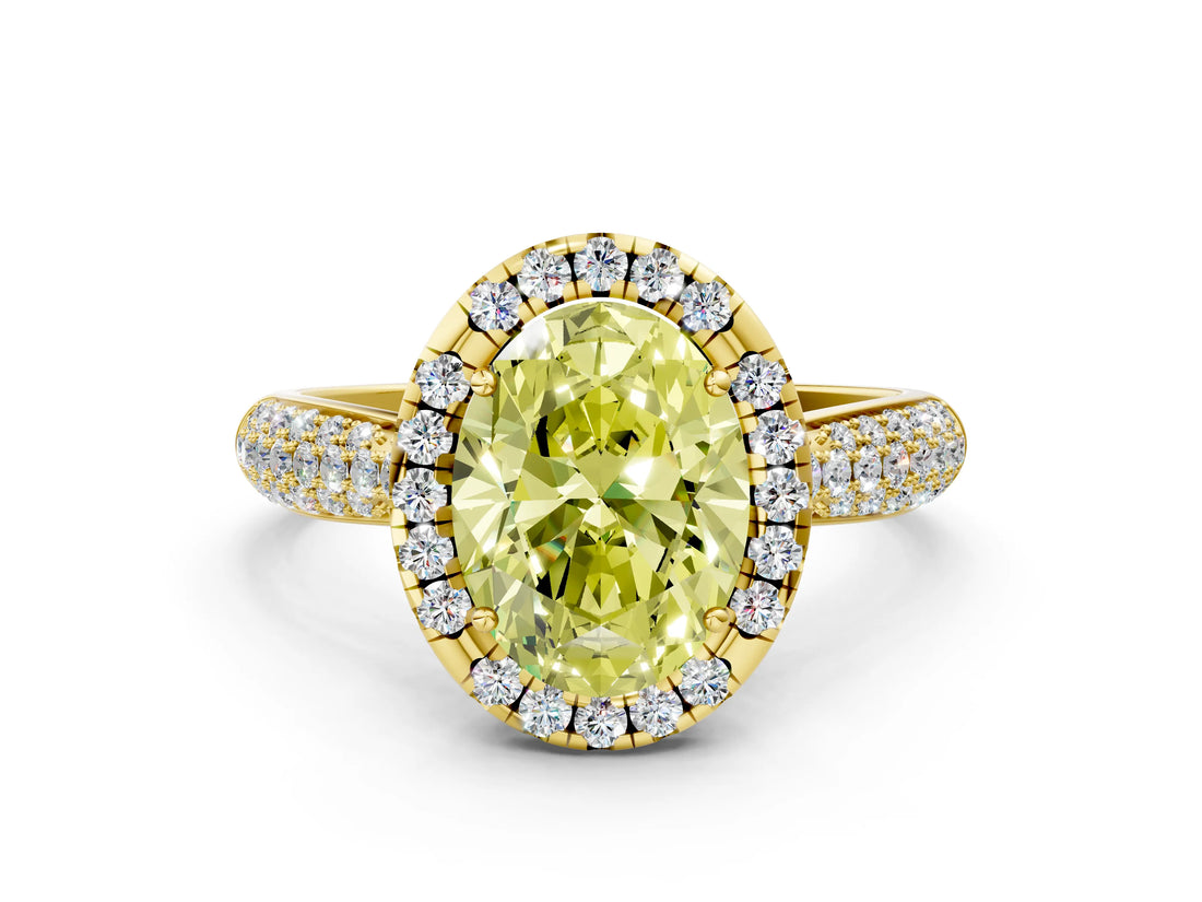 Yellow gold Fancy Yellow Oval Cut Halo Diamond Ring with Pavé Band