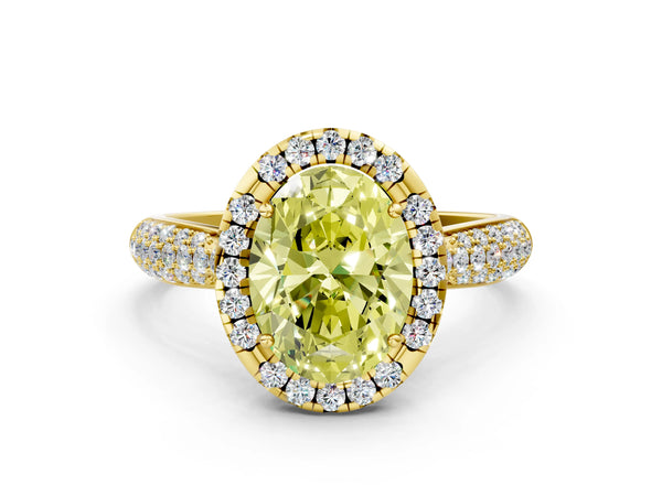 Yellow gold Fancy Yellow Oval Cut Halo Diamond Ring with Pavé Band