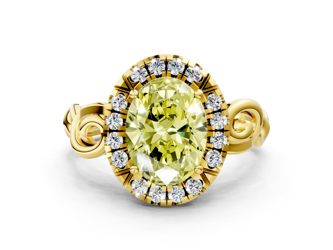 Yellow gold Fancy Yellow Oval  Cut Halo Diamond Ring with Scrollwork Band and Four-Prong Setting_133