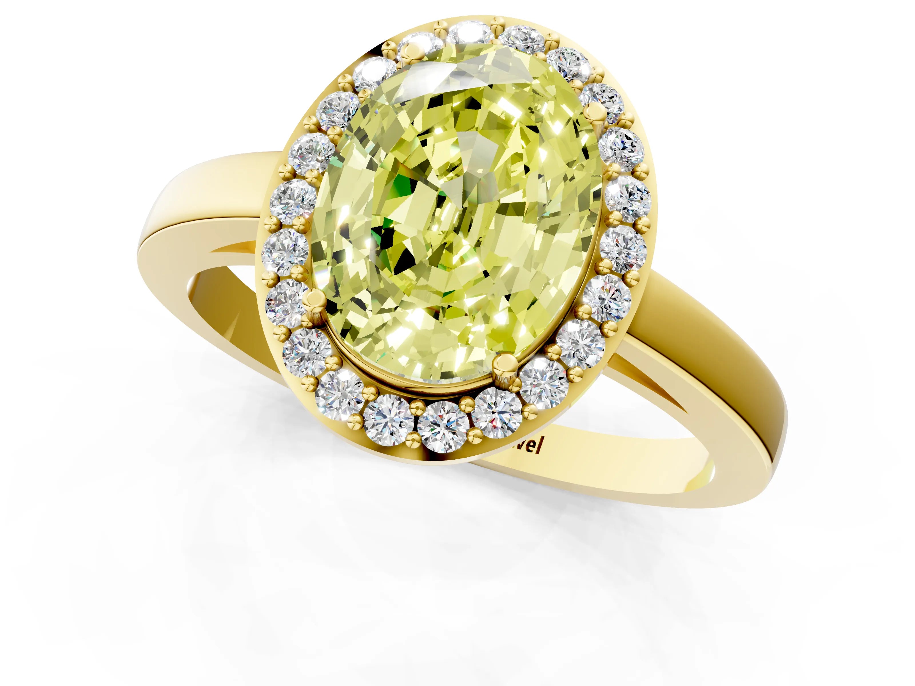 Yellow gold Fancy Yellow Oval Cut Halo Diamond Ring with Solitaire Band and Prong Setting_1