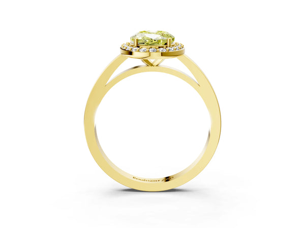 Yellow gold Fancy Yellow Oval Cut Halo Diamond Ring with Solitaire Band and Prong Setting