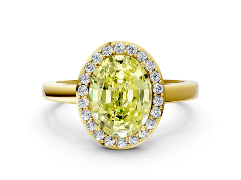 Yellow gold Fancy Yellow Oval Cut Halo Diamond Ring with Solitaire Band and Prong Setting