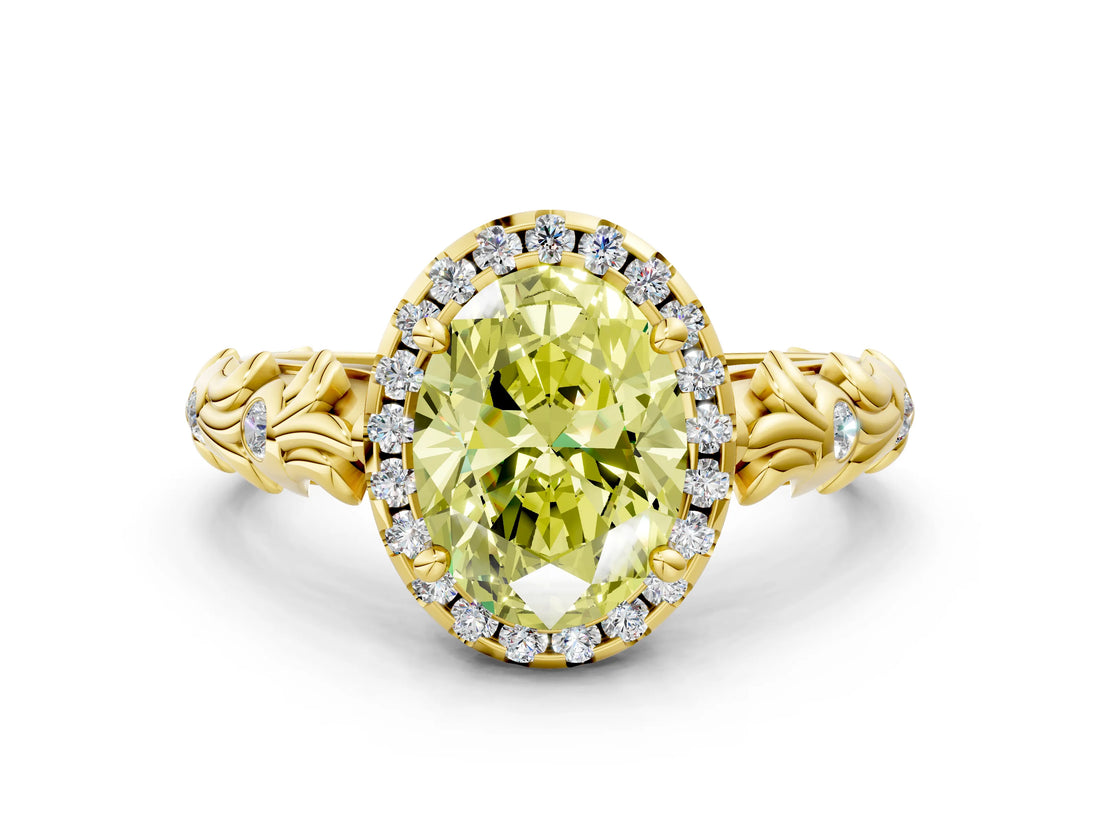 Yellow gold Fancy Yellow Oval Cut Halo Diamond Solitaire with Filigree Band and Four-Prong Setting_12