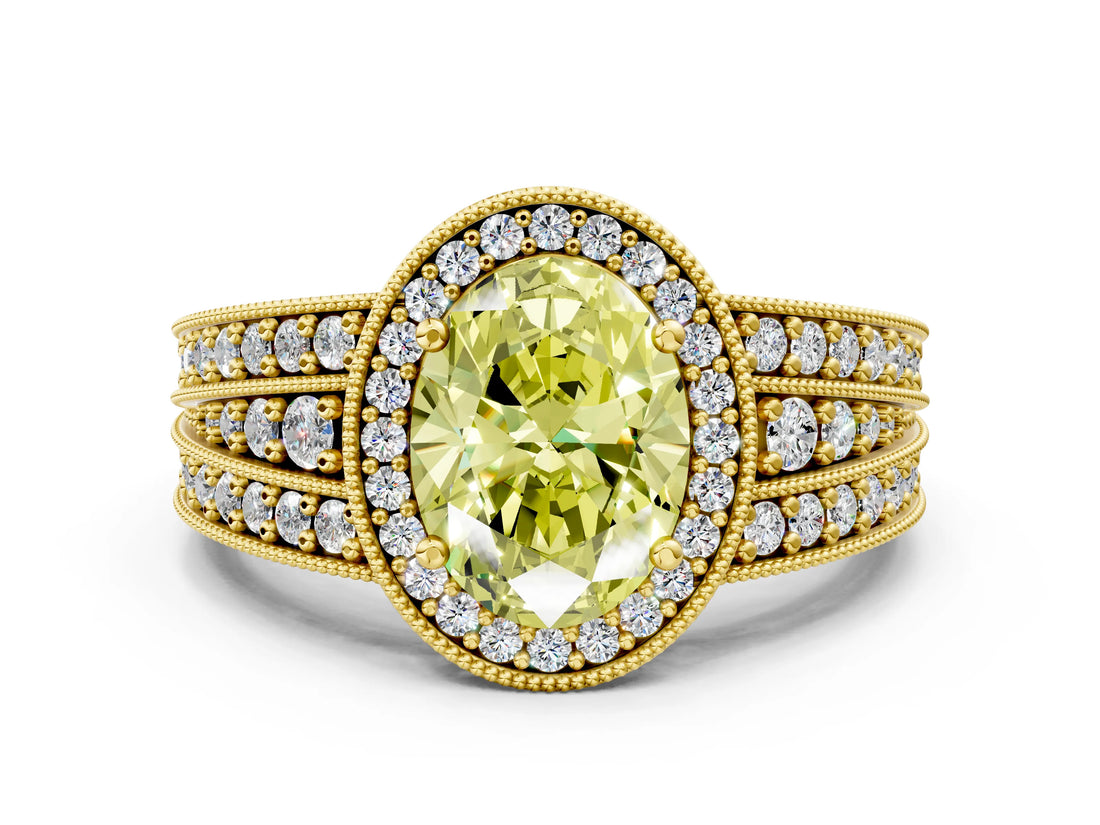 Yellow gold Fancy Yellow Oval Cut Halo Diamond Split Shank Ring with Prong Setting