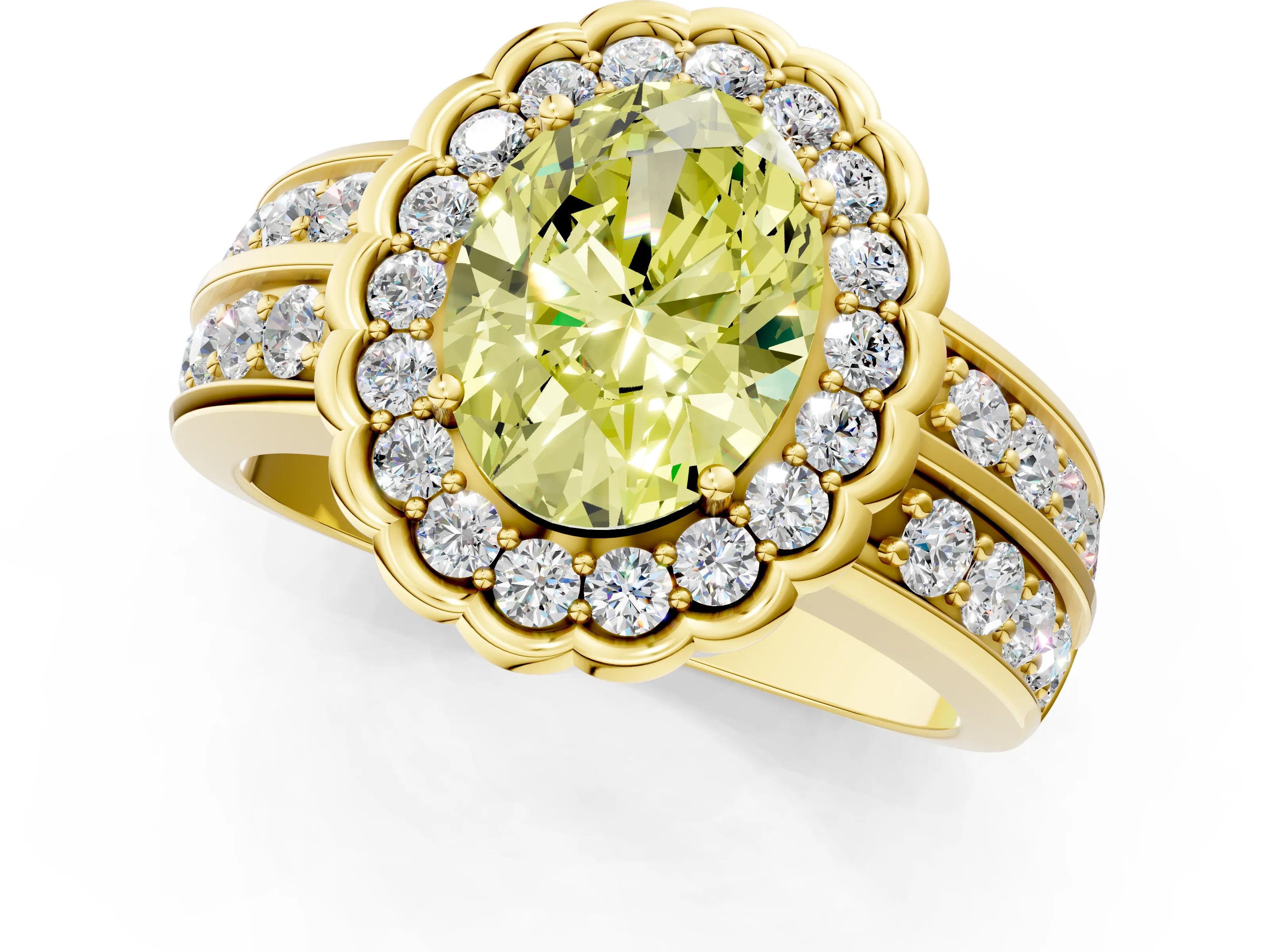 Yellow gold Fancy Yellow Oval Cut Halo Diamond Split Shank Ring with Scalloped Prong Setting_1