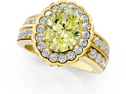 Yellow gold Fancy Yellow Oval Cut Halo Diamond Split Shank Ring with Scalloped Prong Setting_1