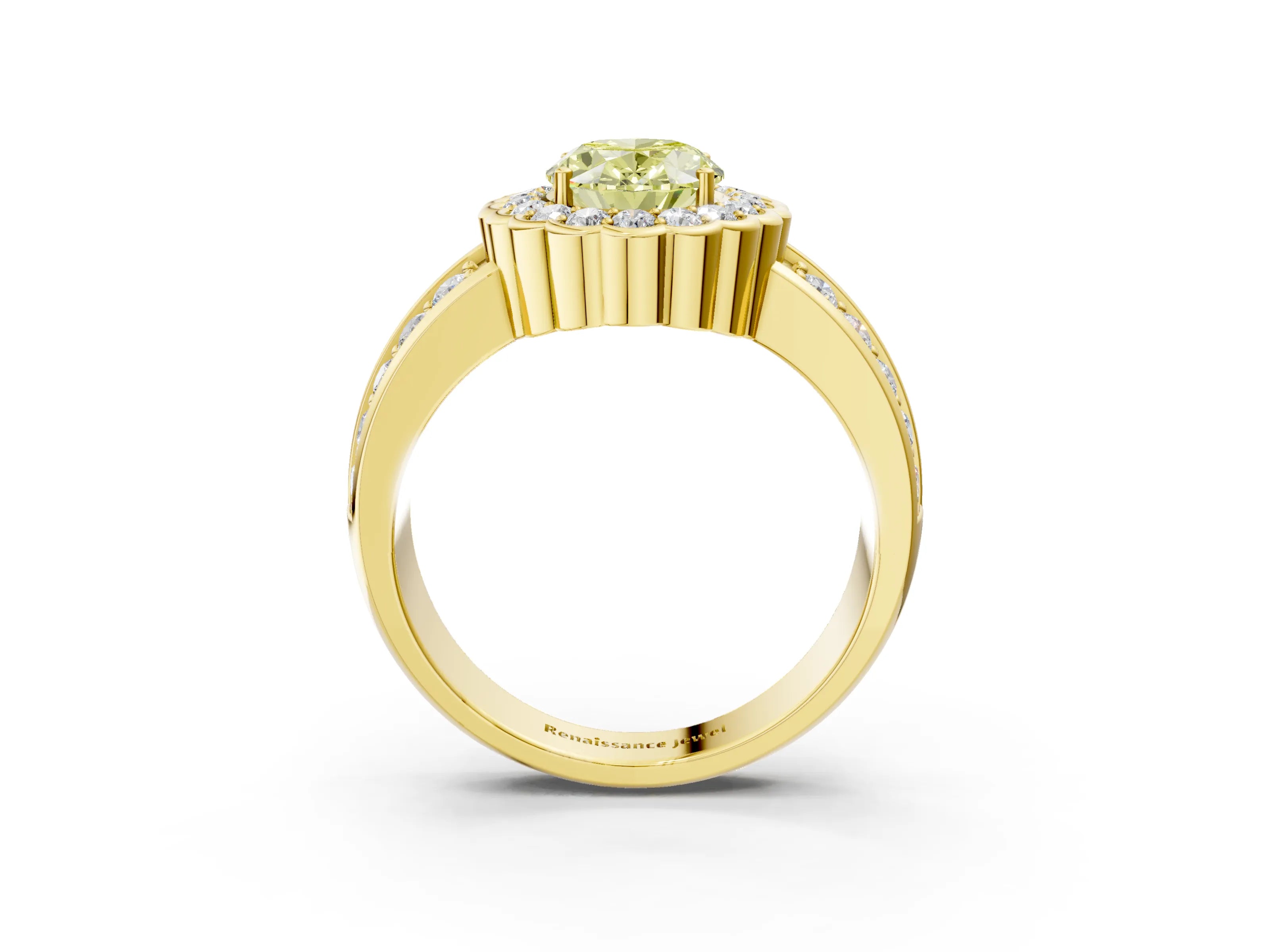 Yellow gold Fancy Yellow Oval Cut Halo Diamond Split Shank Ring with Scalloped Prong Setting_3