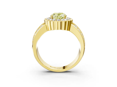 Yellow gold Fancy Yellow Oval Cut Halo Diamond Split Shank Ring with Scalloped Prong Setting_3
