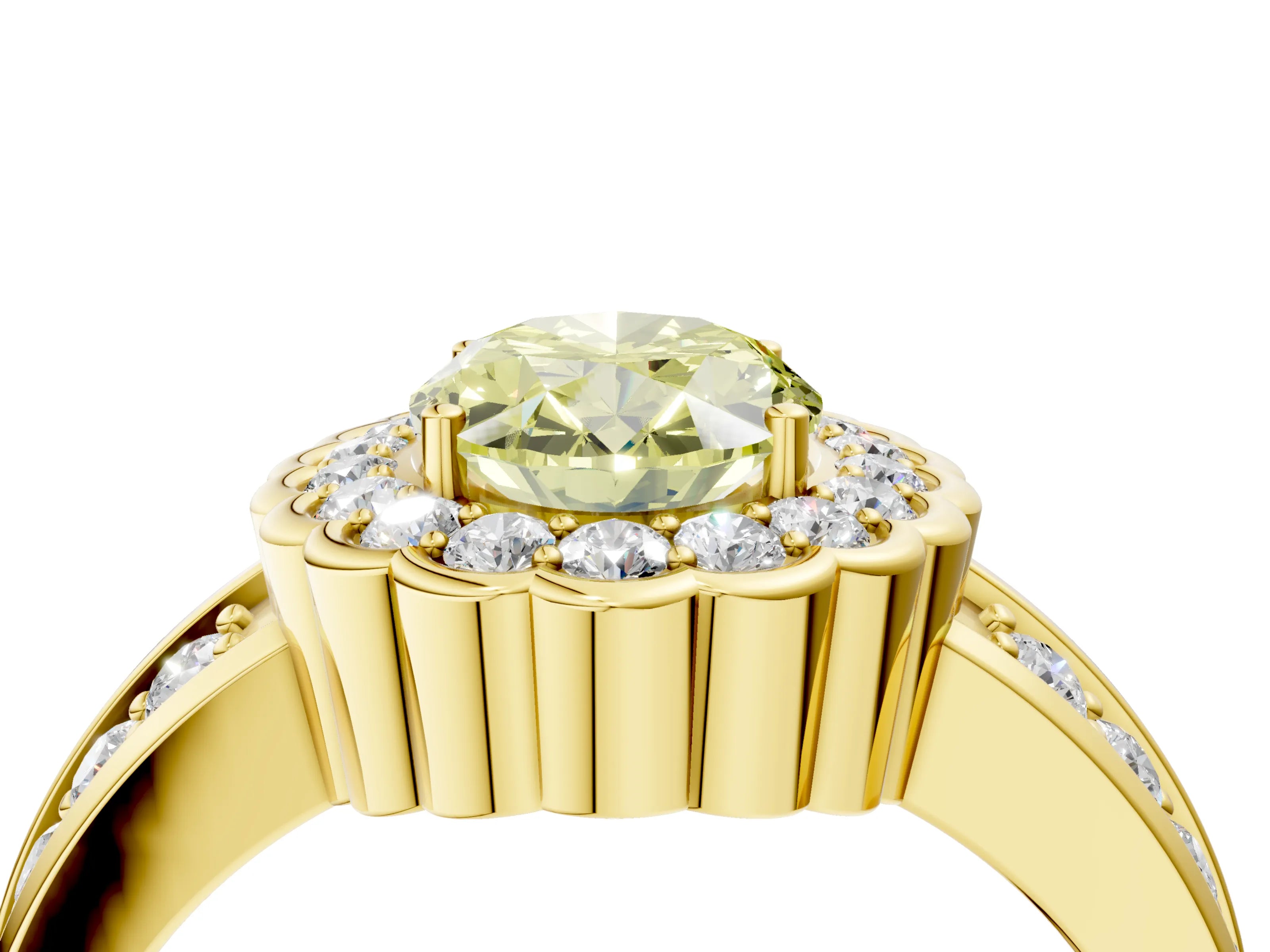 Yellow gold Fancy Yellow Oval Cut Halo Diamond Split Shank Ring with Scalloped Prong Setting_4