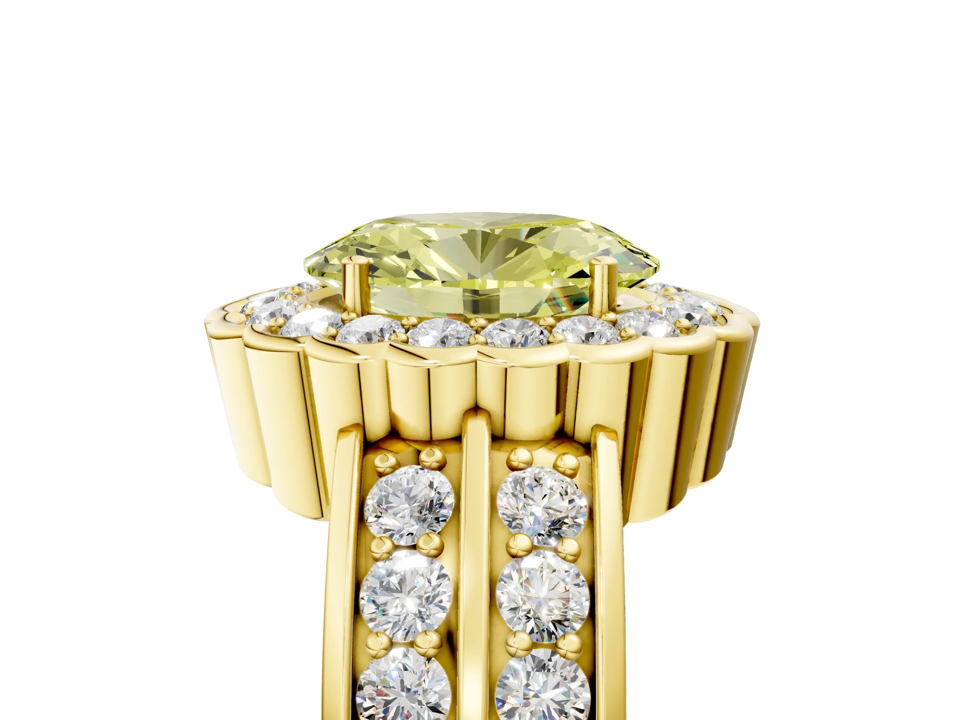 Yellow gold Fancy Yellow Oval Cut Halo Diamond Split Shank Ring with Scalloped Prong Setting_5