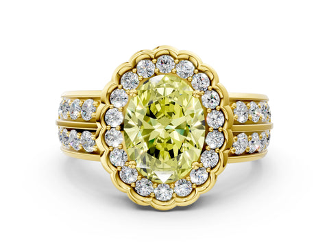 Yellow gold Fancy Yellow Oval Cut Halo Diamond Split Shank Ring with Scalloped Prong Setting