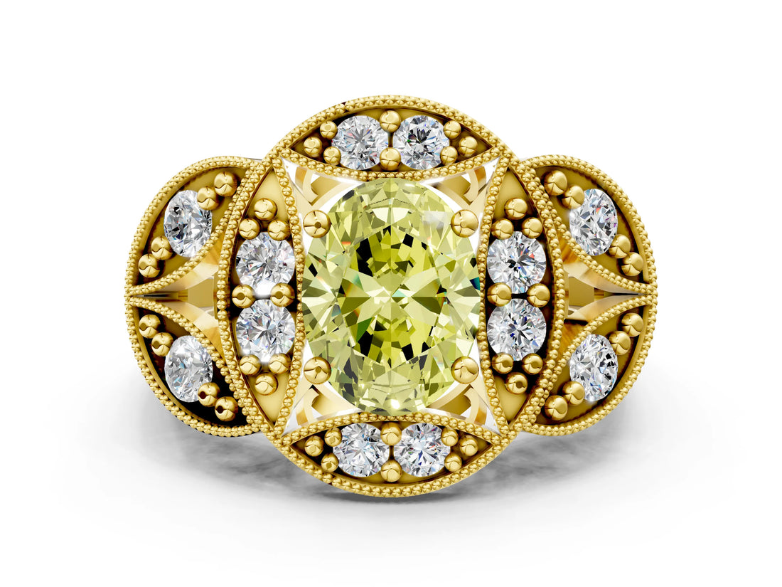 Yellow gold Fancy Yellow Oval Cut Halo Milgrain Diamond Engagement Ring with Leaf Band and Four-Prong Setting