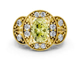 Yellow gold Fancy Yellow Oval Cut Halo Milgrain Diamond Engagement Ring with Leaf Band and Four-Prong Setting