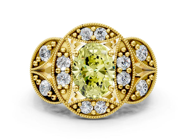 Yellow gold Fancy Yellow Oval Cut Halo Milgrain Diamond Engagement Ring with Leaf Band and Four-Prong Setting