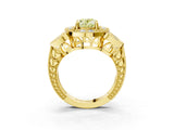 Yellow gold Fancy Yellow Oval Cut Halo Milgrain Diamond Engagement Ring with Leaf Band and Four-Prong Setting_3