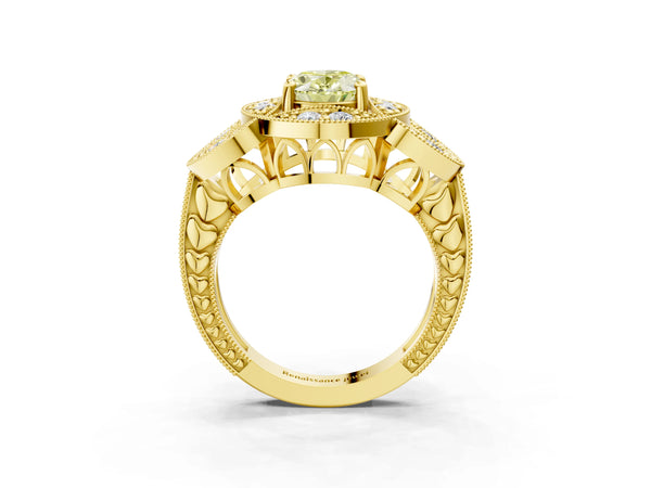 Yellow gold Fancy Yellow Oval Cut Halo Milgrain Diamond Engagement Ring with Leaf Band and Four-Prong Setting
