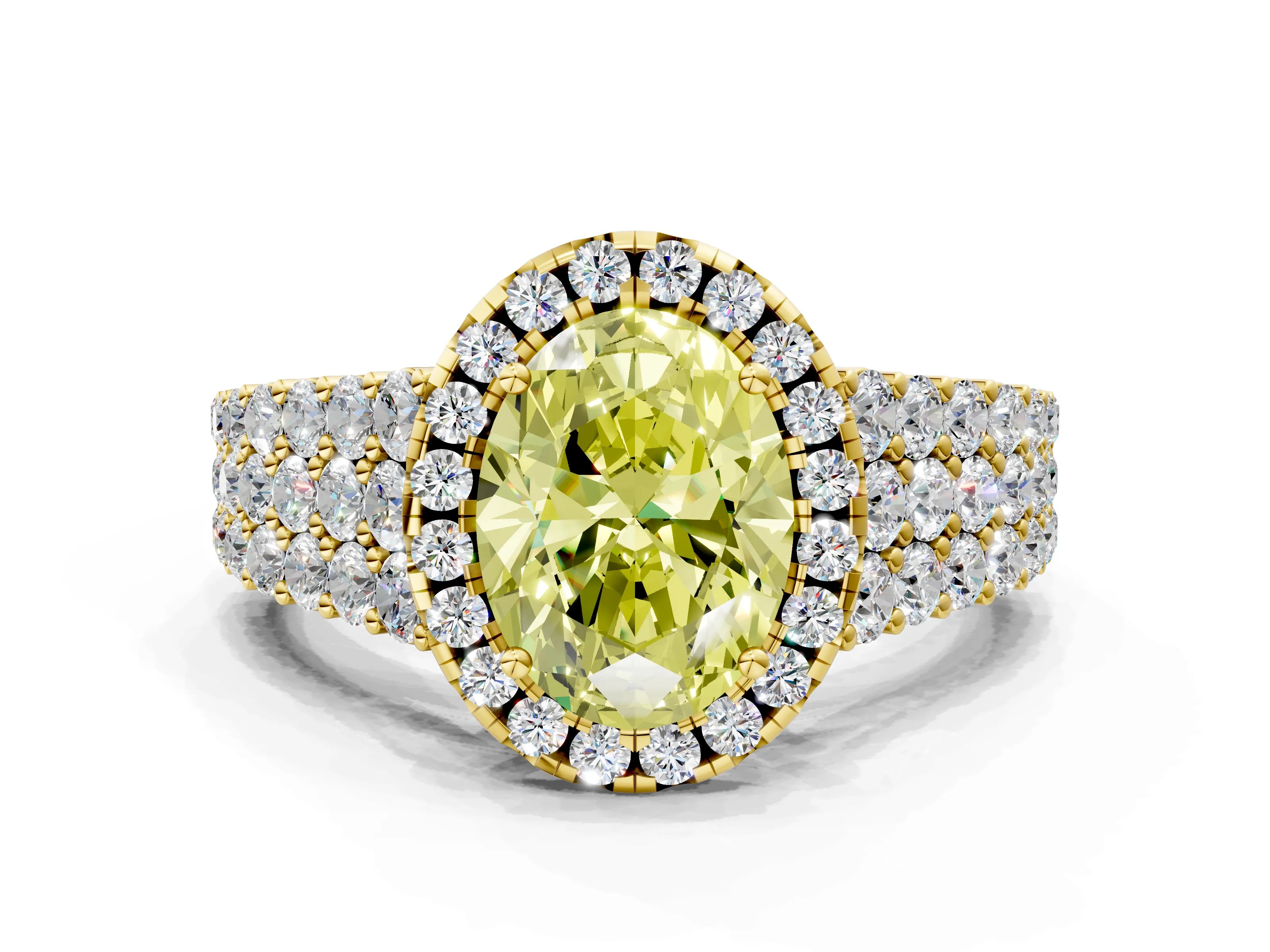 Yellow gold Fancy Yellow Oval Cut Halo Pavé Diamond Engagement Ring with Split Shank and Four-Prong Setting_3