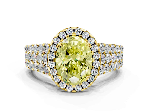 Yellow gold Fancy Yellow Oval Cut Halo Pavé Diamond Engagement Ring with Split Shank and Four-Prong Setting