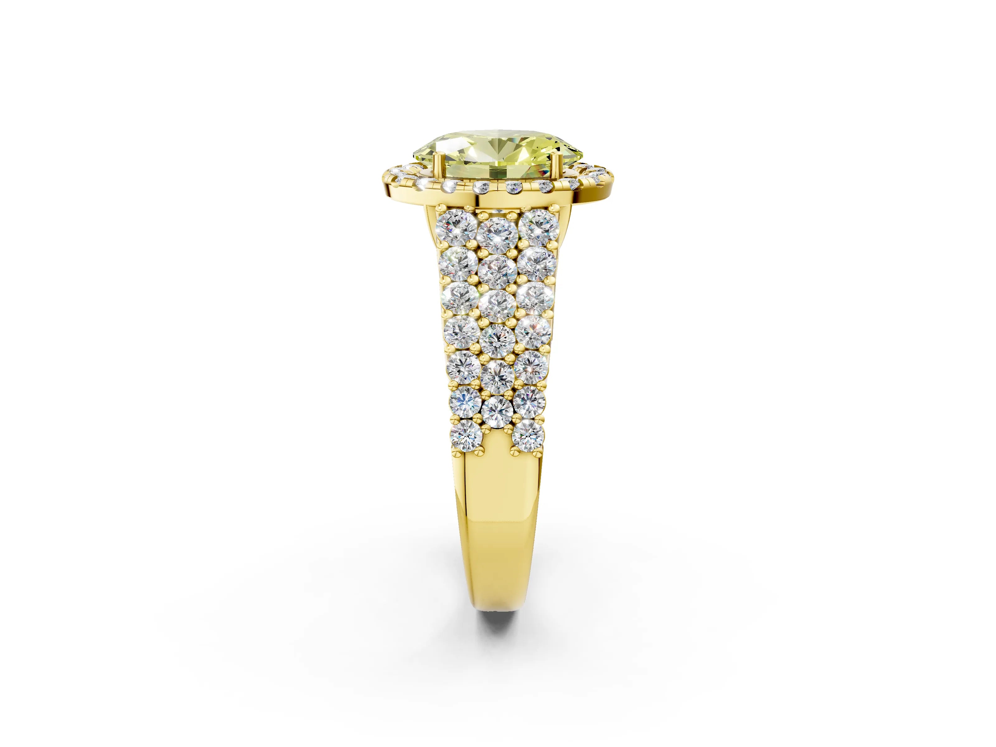 Yellow gold Fancy Yellow Oval Cut Halo Pavé Diamond Engagement Ring with Split Shank and Four-Prong Setting_5