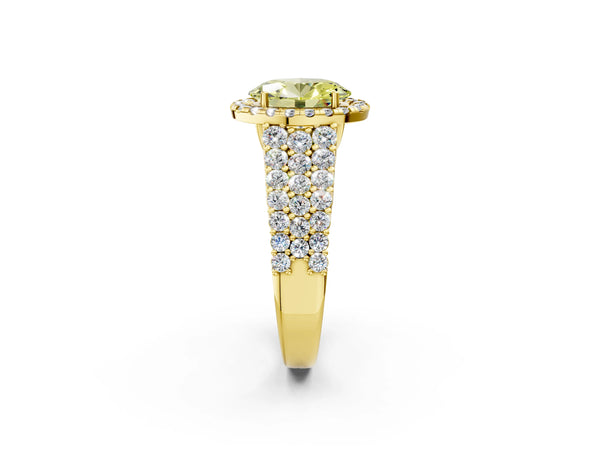 Yellow gold Fancy Yellow Oval Cut Halo Pavé Diamond Engagement Ring with Split Shank and Four-Prong Setting